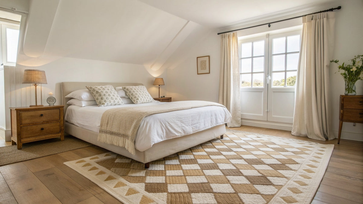 Bedroom with checkered rug – Vivotee