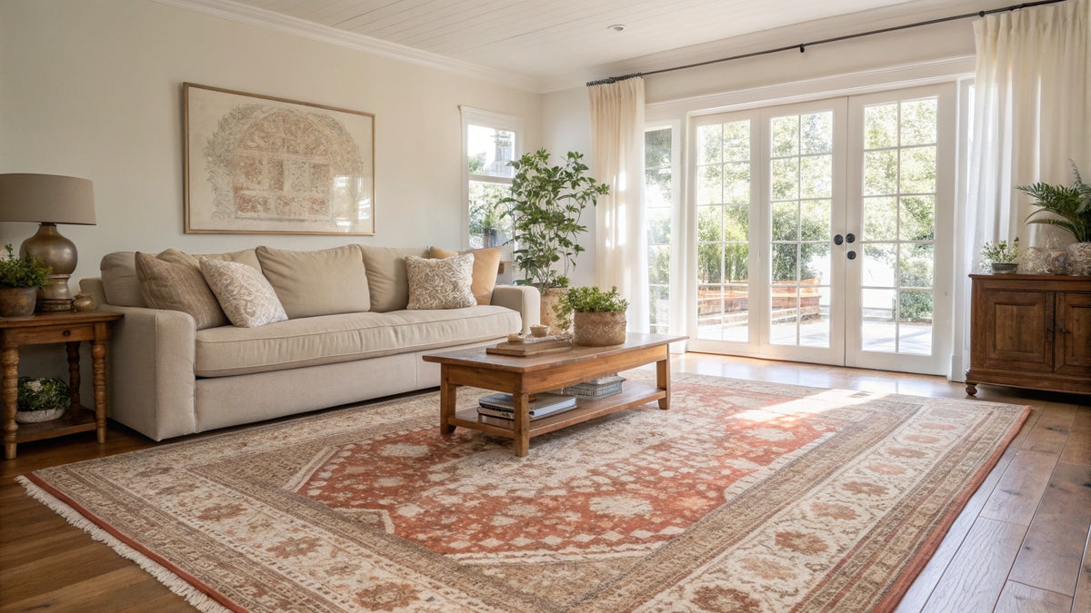 Living room with terracotta persian-style rug – Vivotee