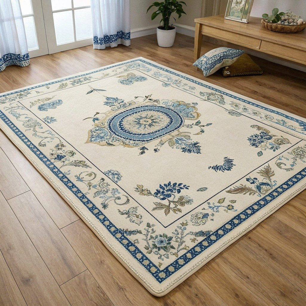 Traditional Medallion Rug, Blue Floral Border – Vivotee