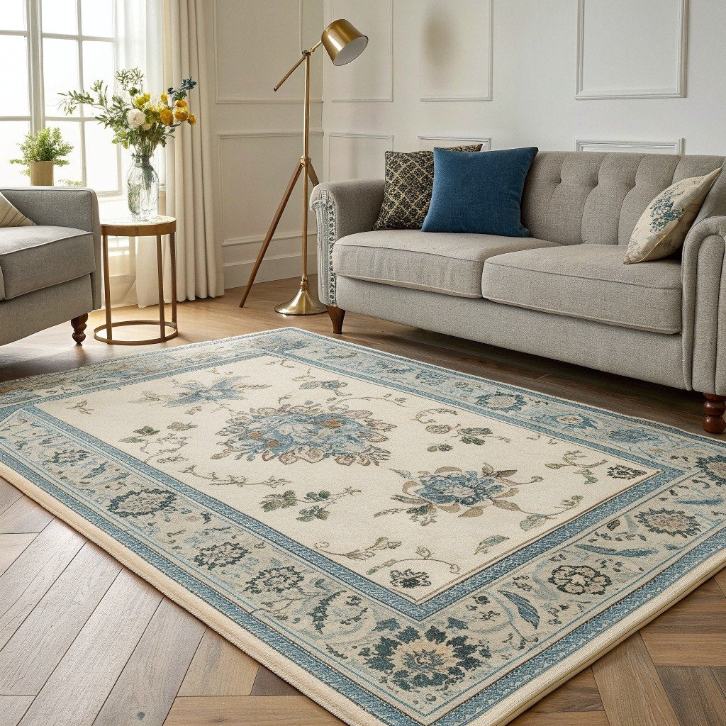 Traditional Medallion Rug, Blue Floral Border – Vivotee