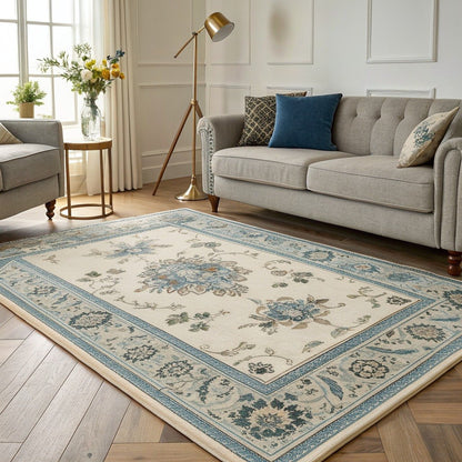 Traditional Medallion Rug, Blue Floral Border – Vivotee