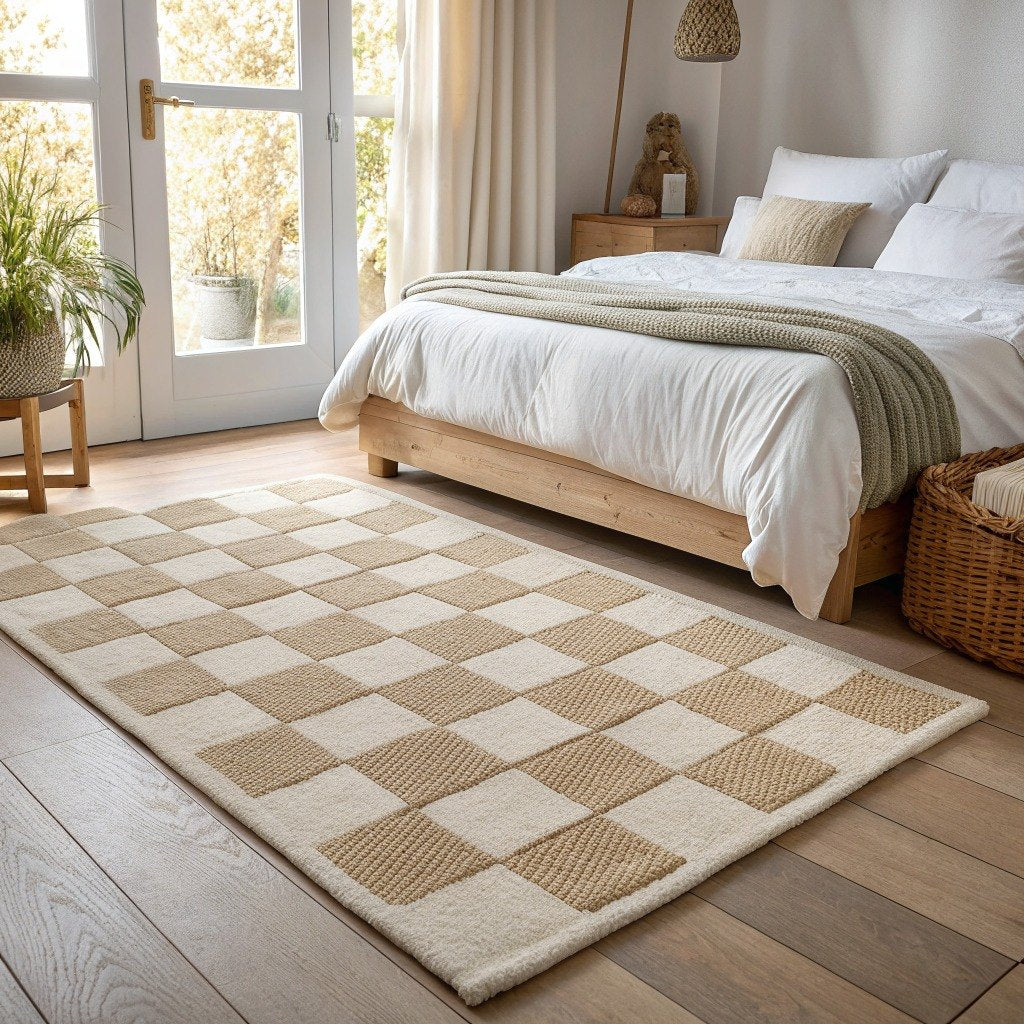 Washable Checkered Rug, Beige & Cream – Vivotee